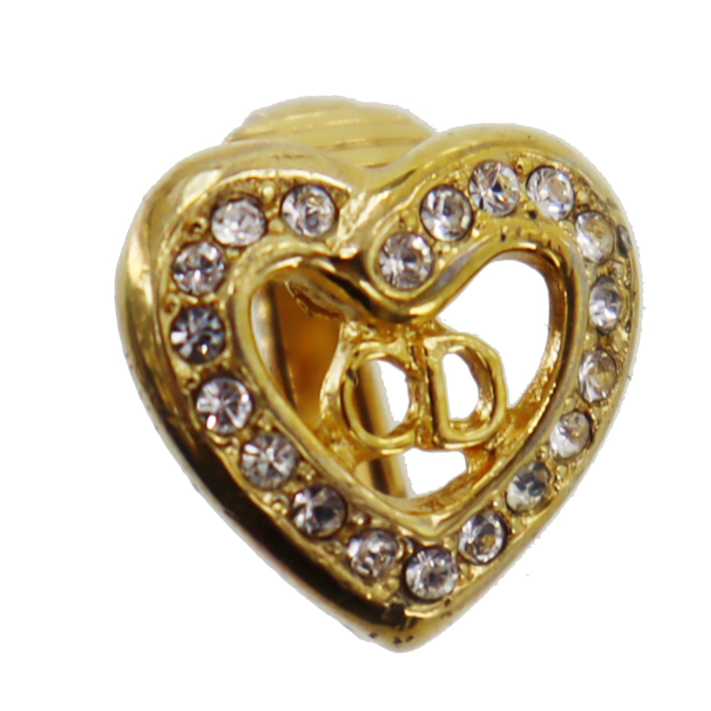 Christian Dior CD Logos Heart Rhinestone Earrings Gold Plated #BO767