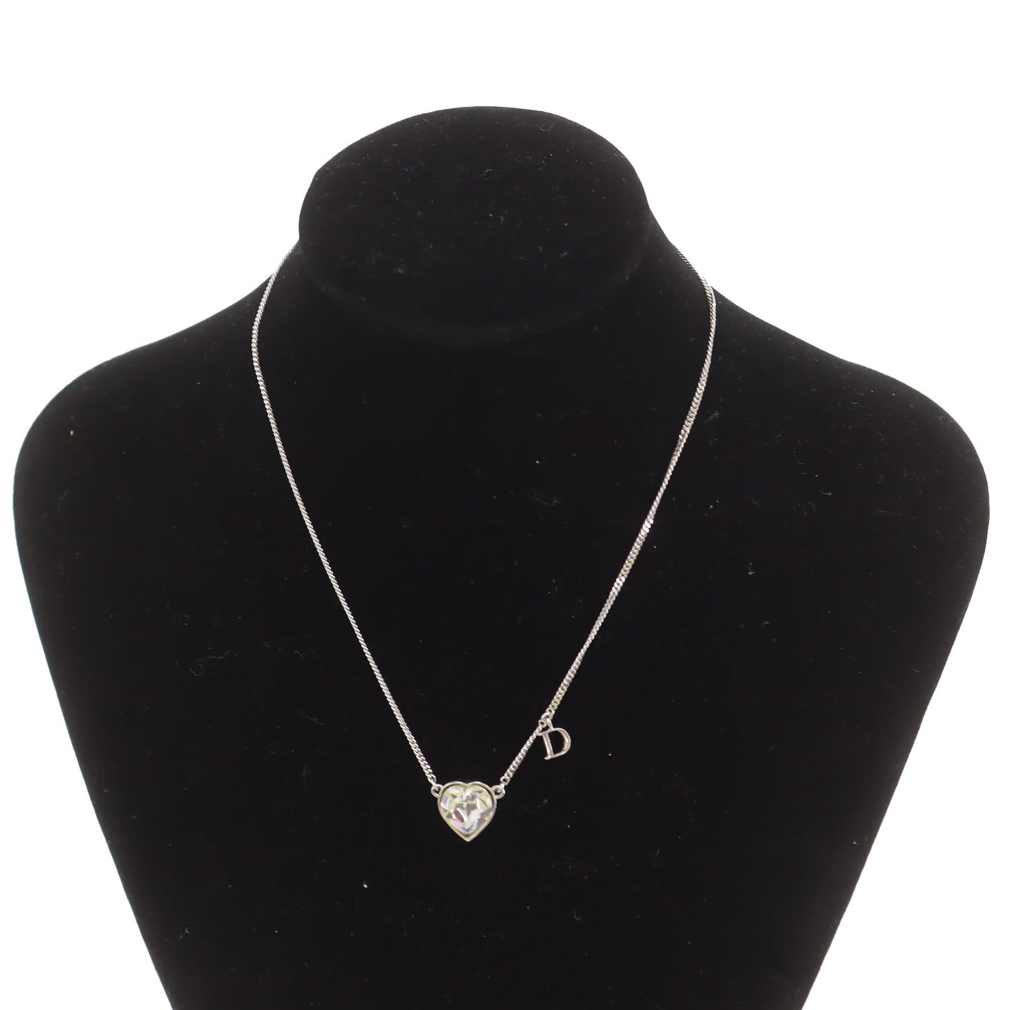 Christian Dior Heart Rhinestones Chain Necklace Silver #ED16