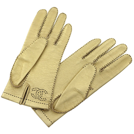 CHANEL CoCo Winter Gloves Women Gold Leather Size 7 #AH550