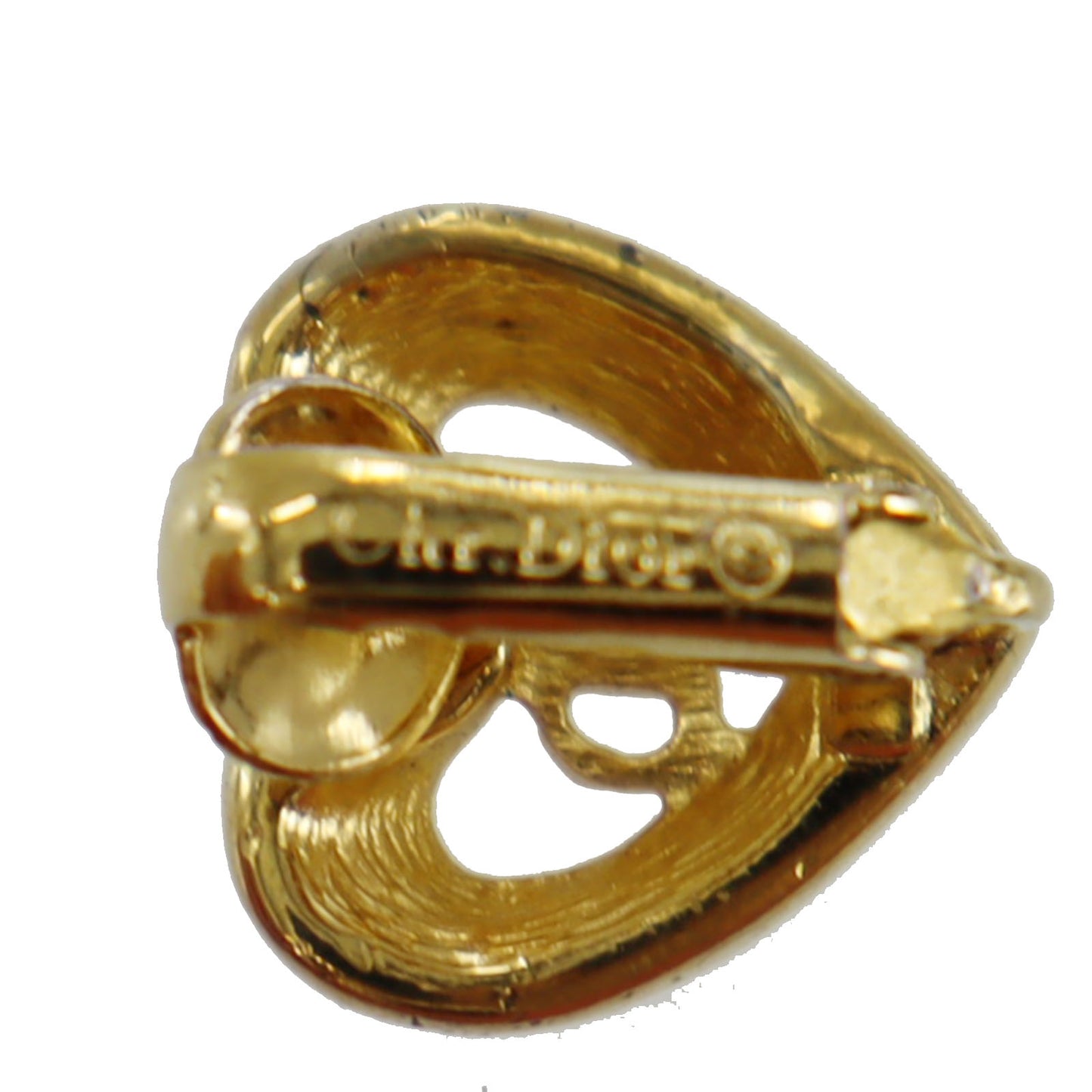 Christian Dior CD Logos Heart Rhinestone Earrings Gold Plated #BO767