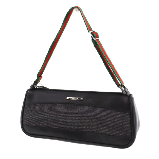 GUCCI Logos Web Stripe Small Handbag Black Canvas Leather #AH366