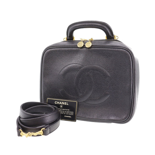 CHANEL CC Shoulder Handbag Vanity Black Caviar Skin Leather #CD668