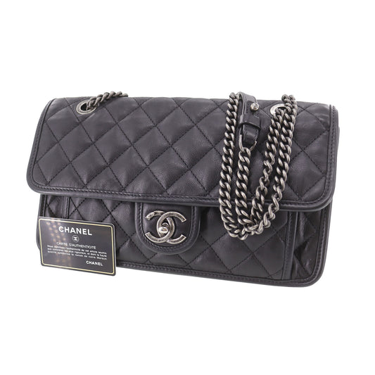 CHANEL Matelasse Frap French Riviera Used Shoulder Bag Black Leather #CY690