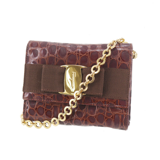 Salvatore Ferragamo Vara Mini Shoulder Bag Brown Embossed Leather #AH47