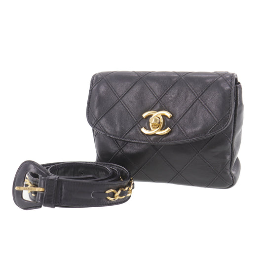 CHANEL Bum Bag Matelasse Lambskin Leather Belt Bag Black #EC582