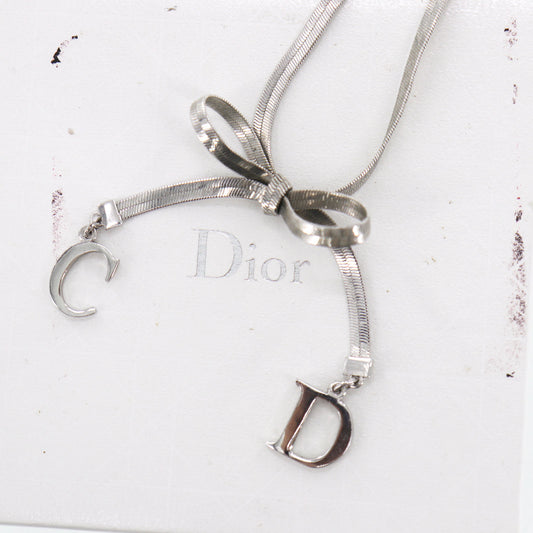Christian Dior Bow Choker Necklace Silver #EH518