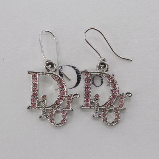 Christian Dior Logos Rhinestones Hook Pierced Earrings Silver Plated #EH4