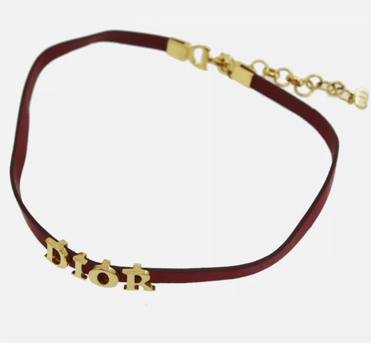 Christian Dior Logo Used Choker Red Gold Leather Gold Plated Vinatge #CU720 S