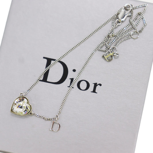 Christian Dior Heart Rhinestones Chain Necklace Silver #ED16