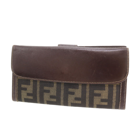 FENDI Zucca Bi-fold Long Wallet Brown Canvas Leather #CN100