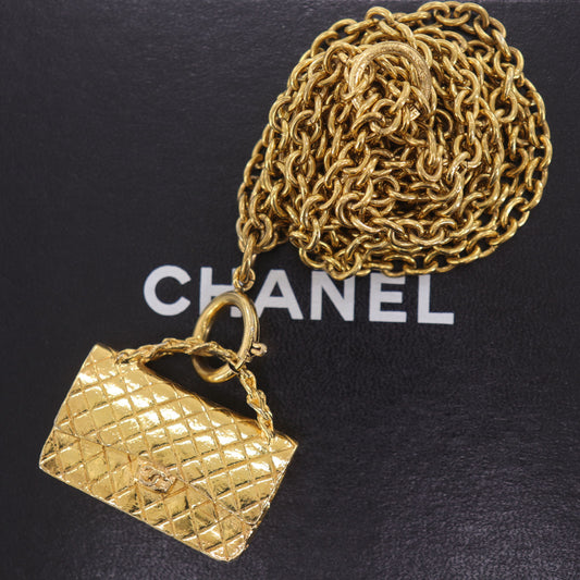 CHANEL Matelasse Bag Chain Long Necklace Gold #CW639