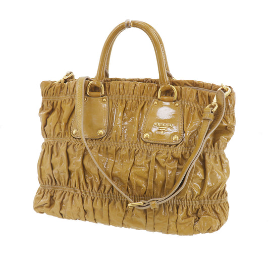 PRADA Gather 2way Shoulder Handbag Brown Patent Leather #EH304