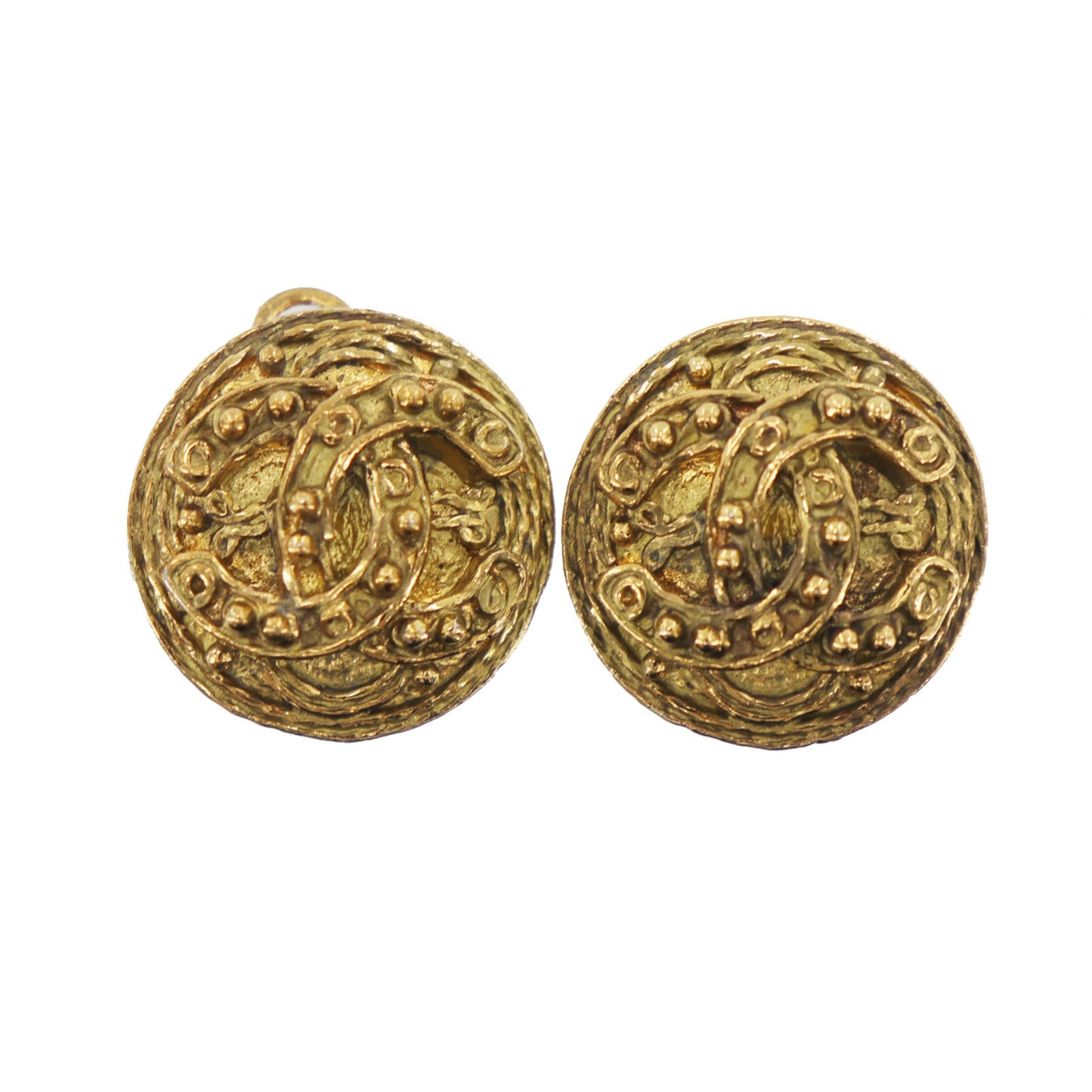 CHANEL CC Logos Circle Round Earrings 94A Clip-On Gold #CL331