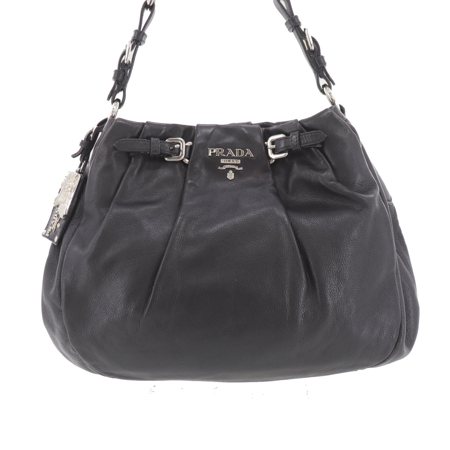 PRADA Logos Shoulder Handbag Black Leather #EG533