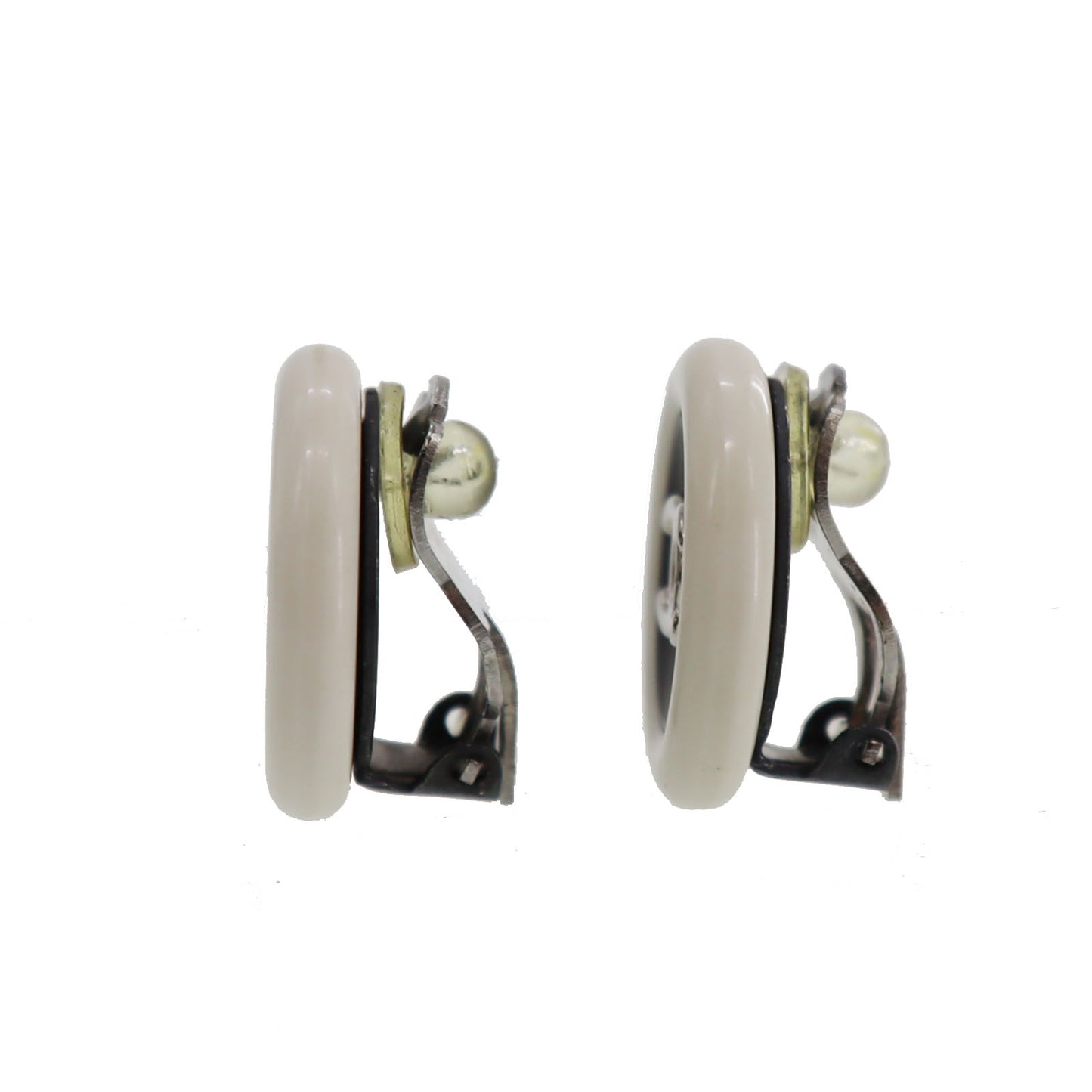 CHANEL CC Logo Circle Earrings White Black Clip-On 96 P #CB706