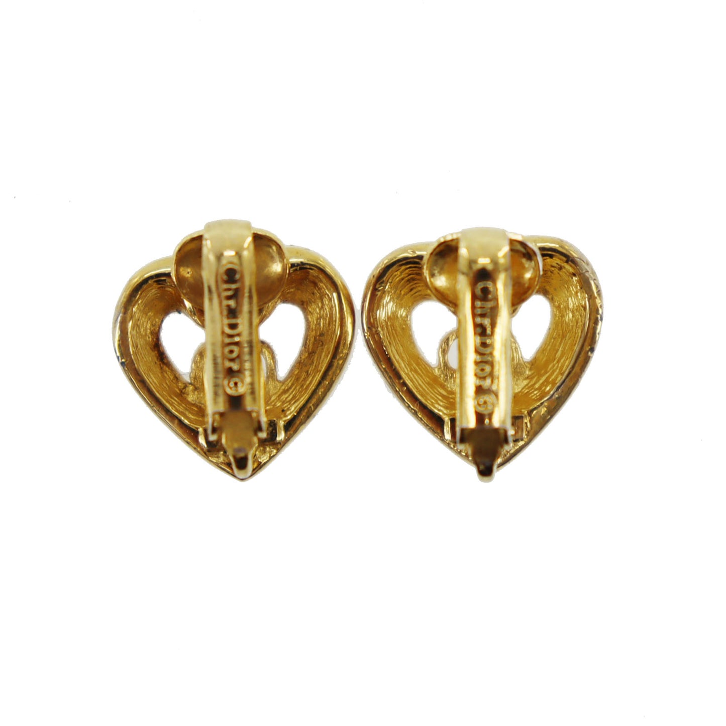 Christian Dior CD Logos Heart Rhinestone Earrings Gold Plated #BO767