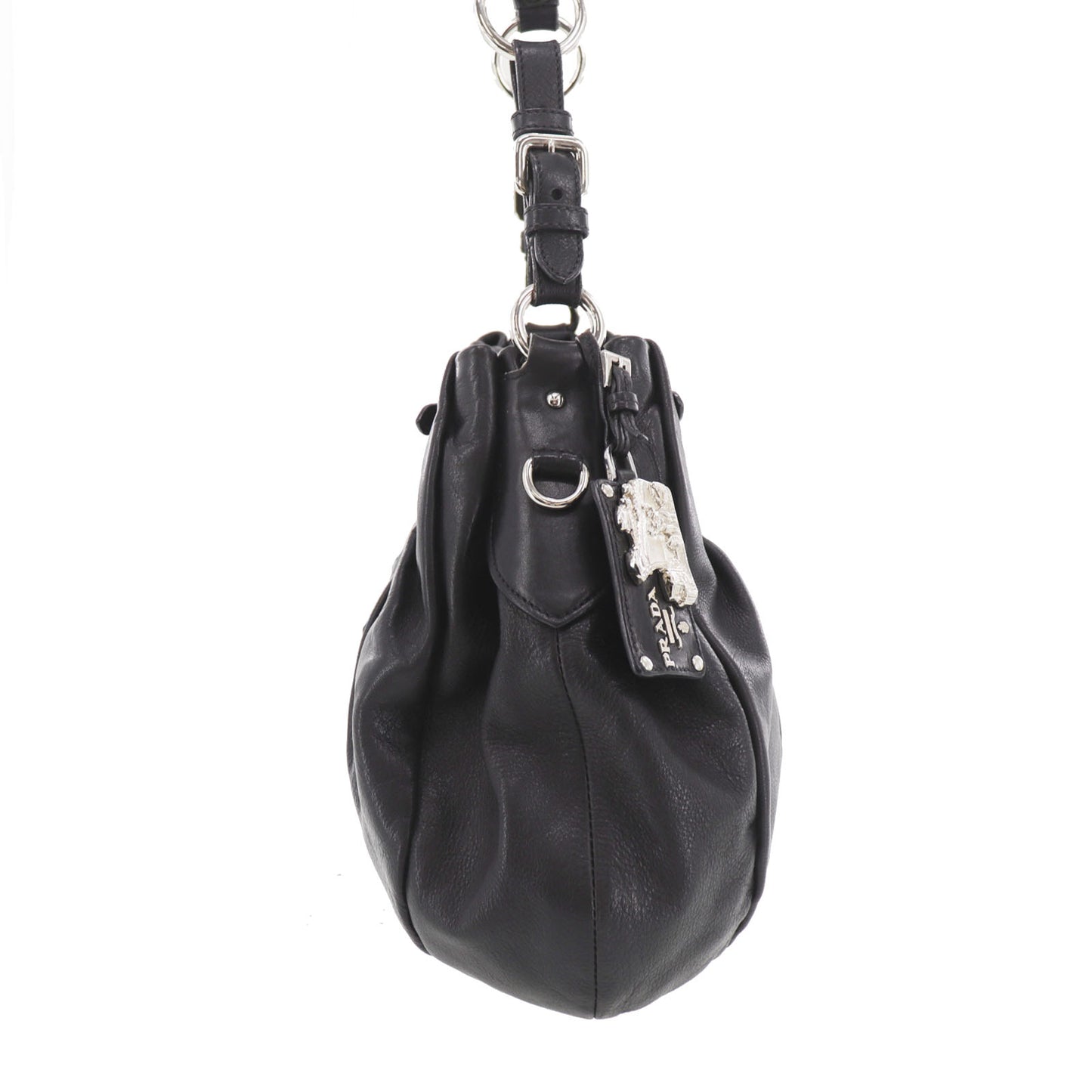 PRADA Logos Shoulder Handbag Black Leather #EG533