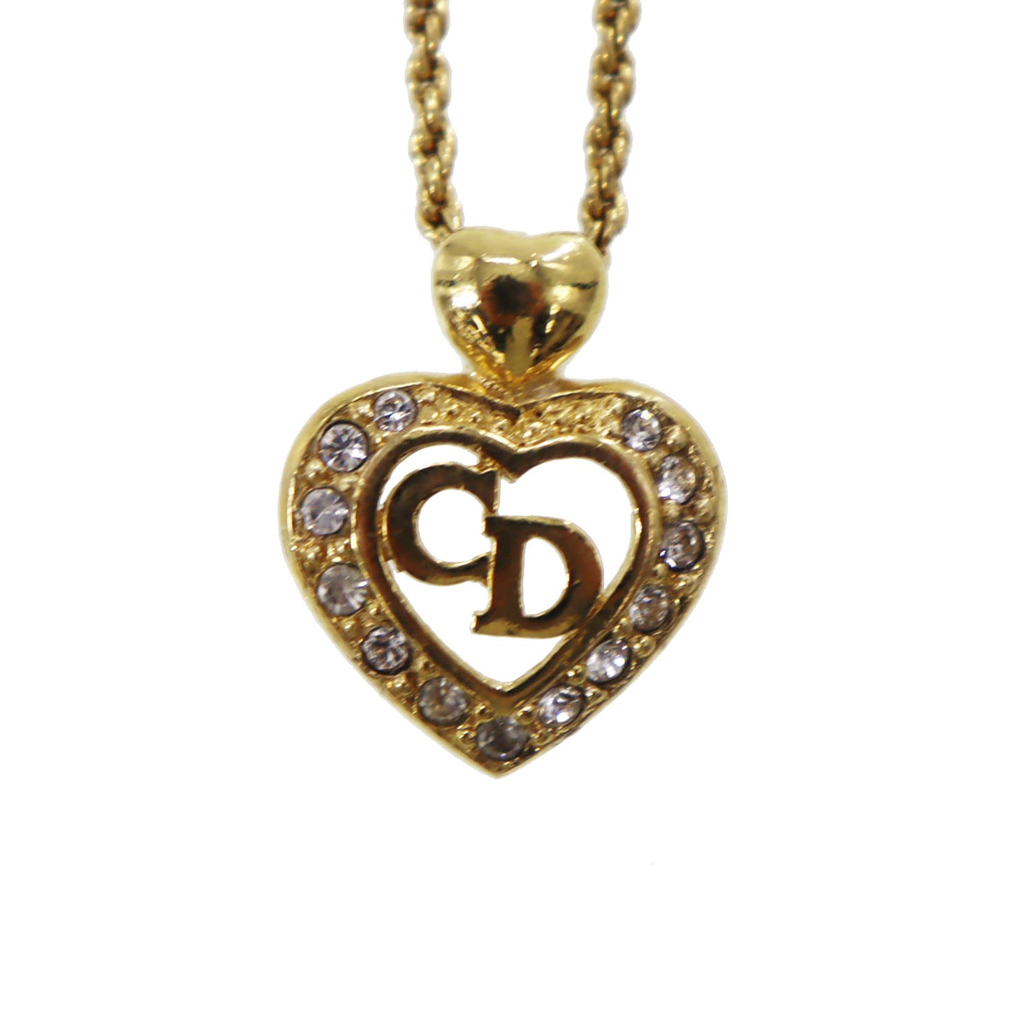 Christian Dior CD Logo Heart Rhinestone Chain Necklace Gold #CS529