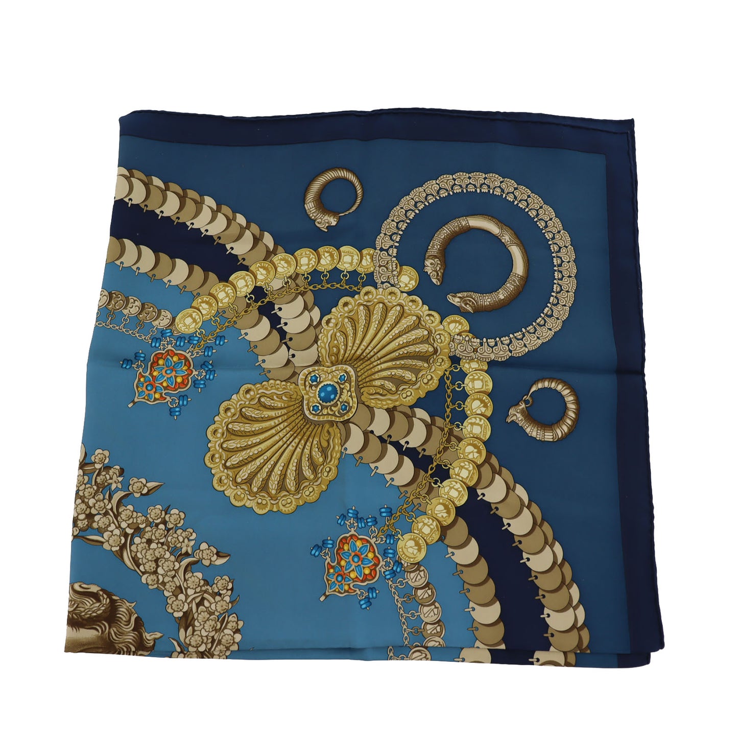 HERMES Logos Jewelry Design Large Scarf Blue 100% Silk #BY629