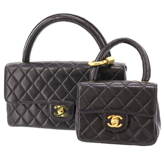 CHANEL HandBag Matelasse Pair Lambskin Leather Black #BU943