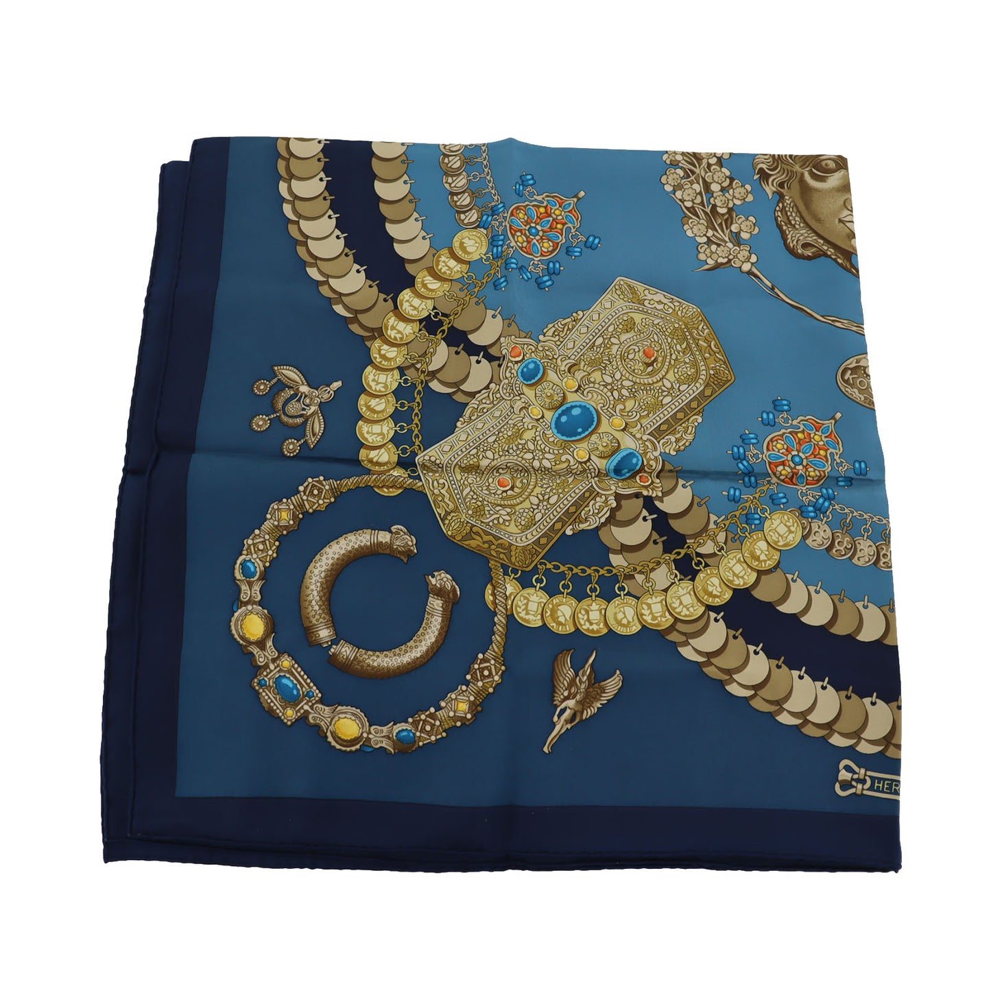 HERMES Logos Jewelry Design Large Scarf Blue 100% Silk #BY629