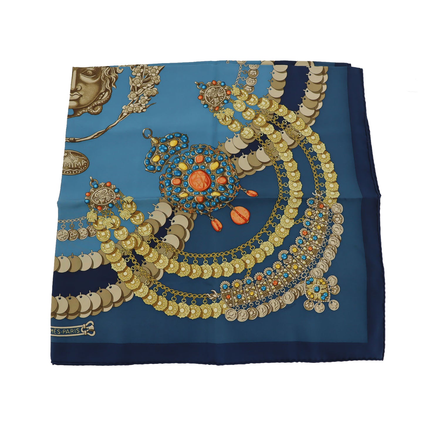 HERMES Logos Jewelry Design Large Scarf Blue 100% Silk #BY629