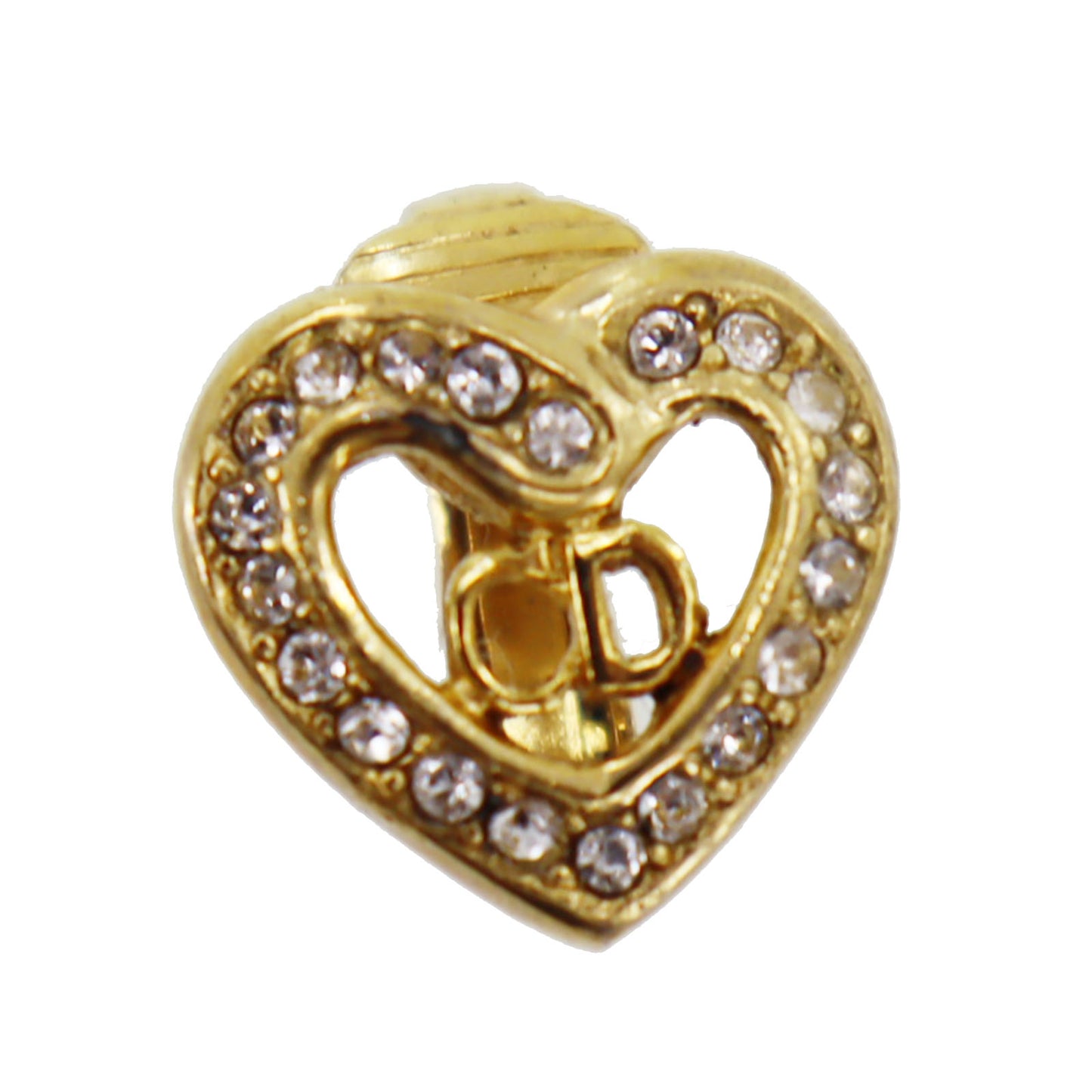 Christian Dior CD Logos Heart Rhinestone Earrings Gold Plated #BO767