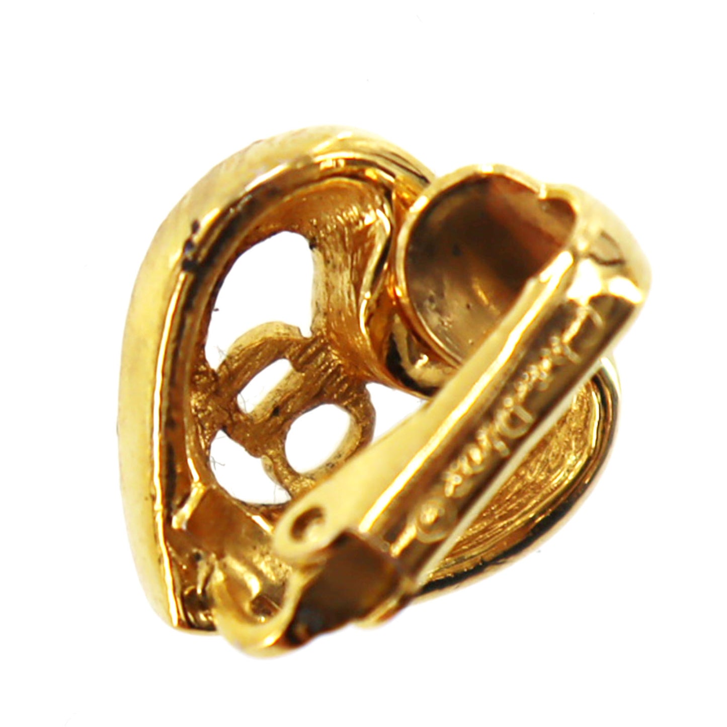 Christian Dior CD Logos Heart Rhinestone Earrings Gold Plated #BO767
