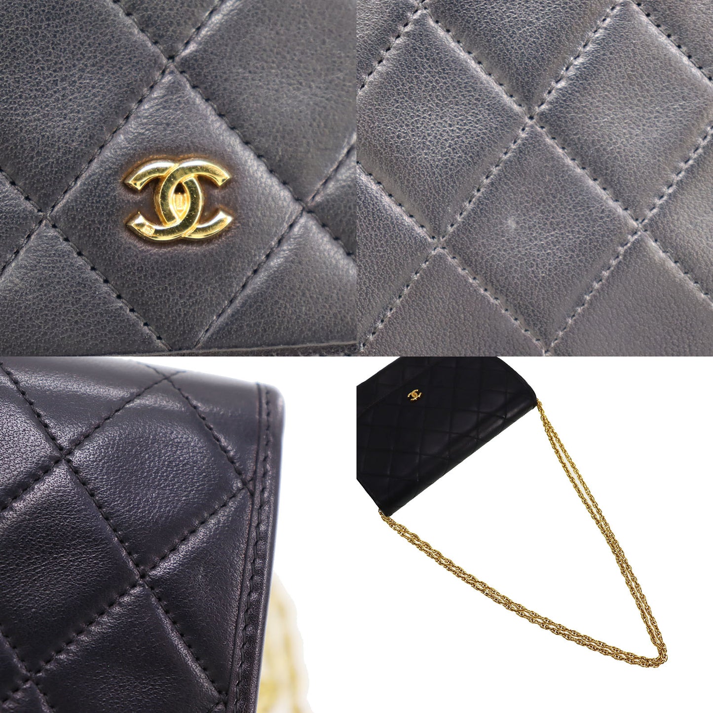 CHANEL Chain Handbag Pouch Black Leather #CJ729