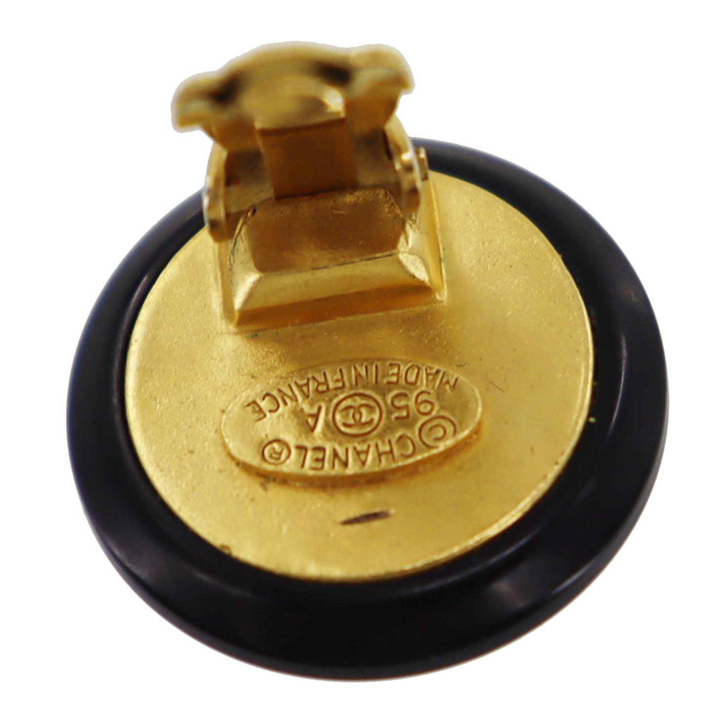 CHANEL Logos Earrings Gold Black Clip-On 95A #BK864