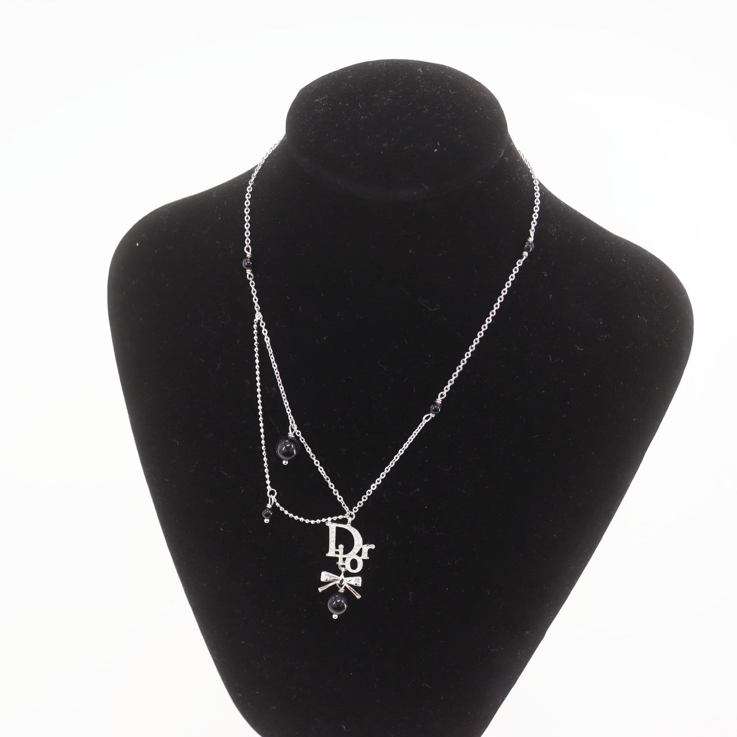 Christian Dior Logos Bow Rhinestones Chain Necklace Silver #ED578
