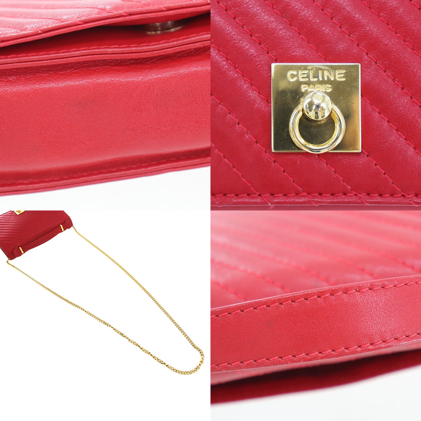 CELINE 2way Shoulder Handbag Bag Red Leather #AH475