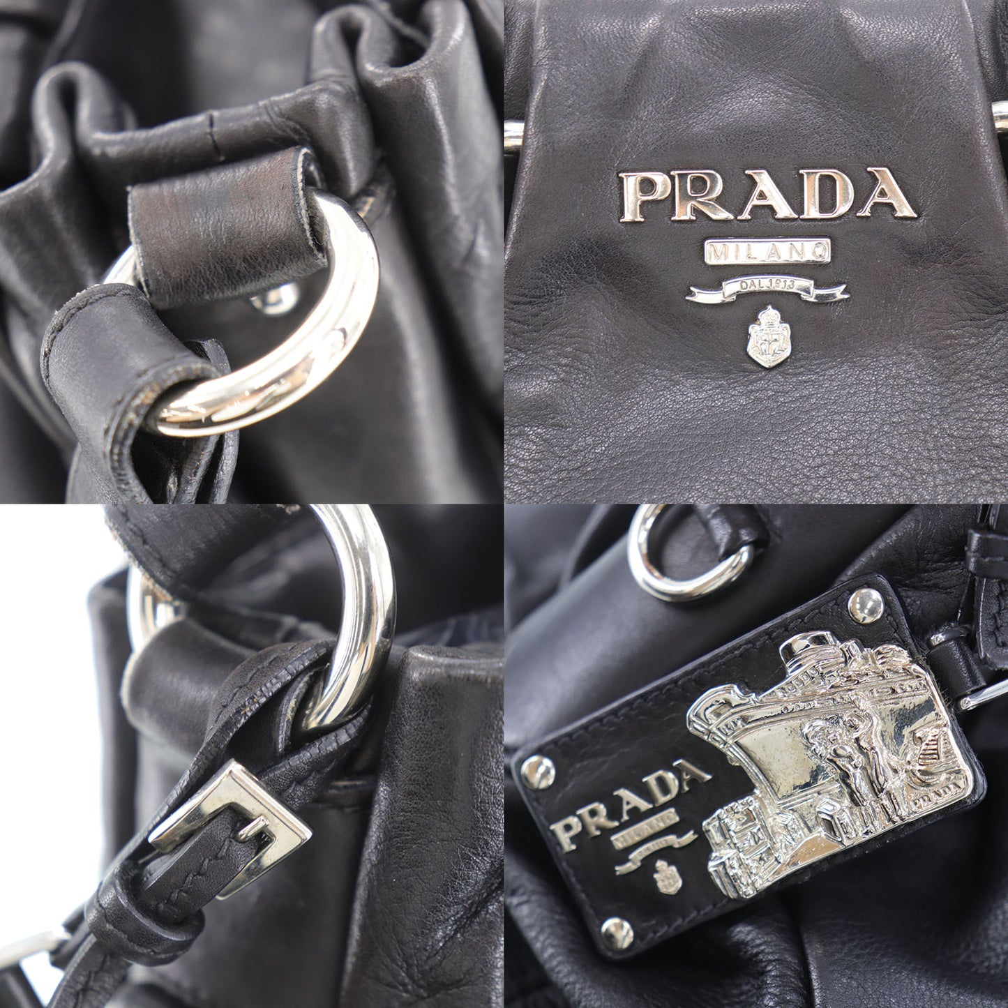 PRADA Logos Shoulder Handbag Black Leather #EG533