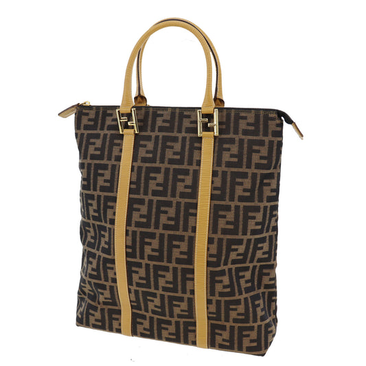 FENDI Zucca Handbag Tote Brown Black Nylon Canvas #AG933