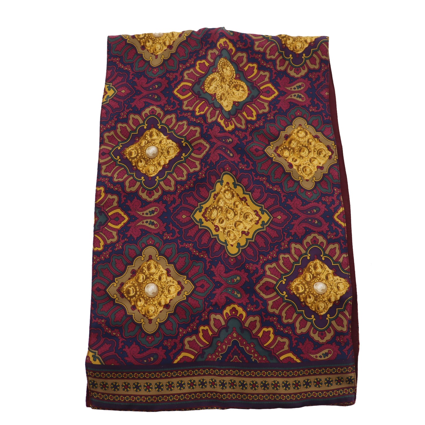 CHANEL Logos Paisley Pattern Scarf Silk Wool Bordeaux #AH383