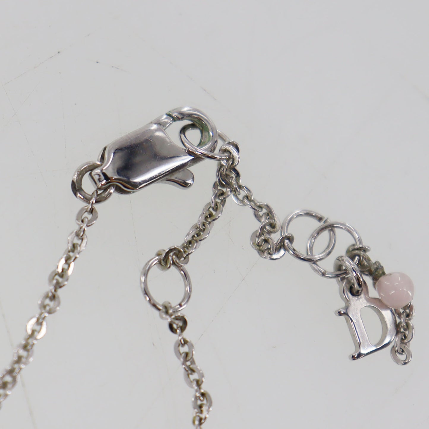 Christian Dior Logo Heart Beads Chain Necklace Silver #CW497