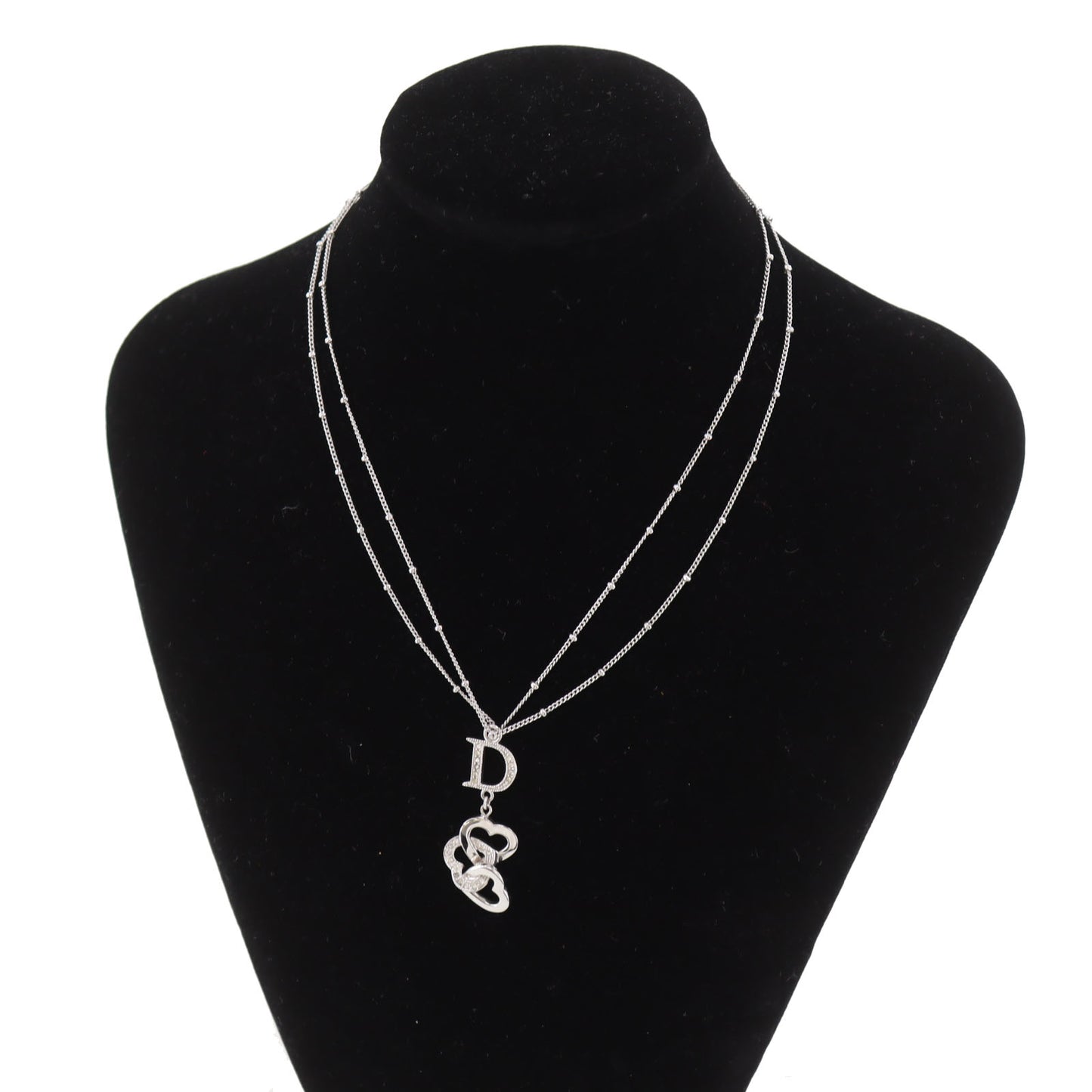 Christian Dior Logo Heart Rhinestone Chain Necklace Silver #CU411