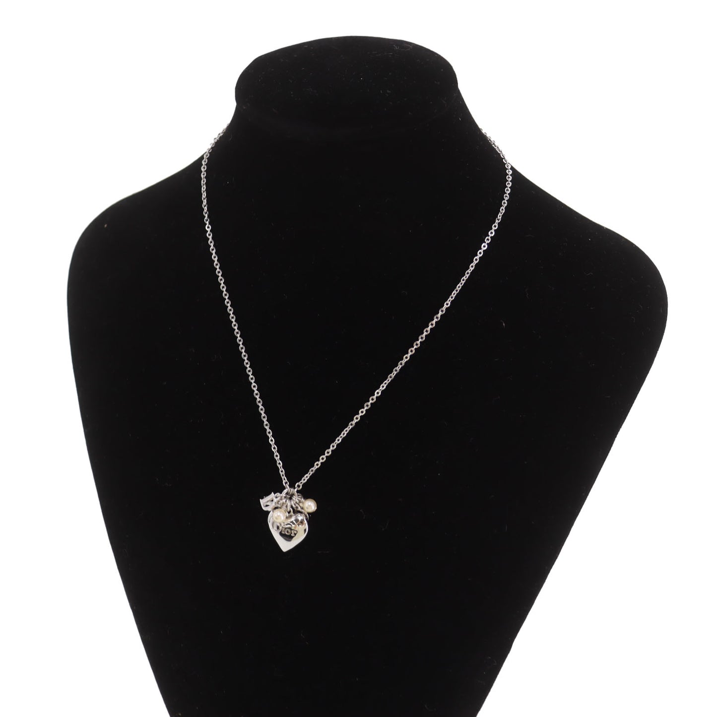 Christian Dior Logos Heart Pearl Used Chain Necklace Silver #EB958 S