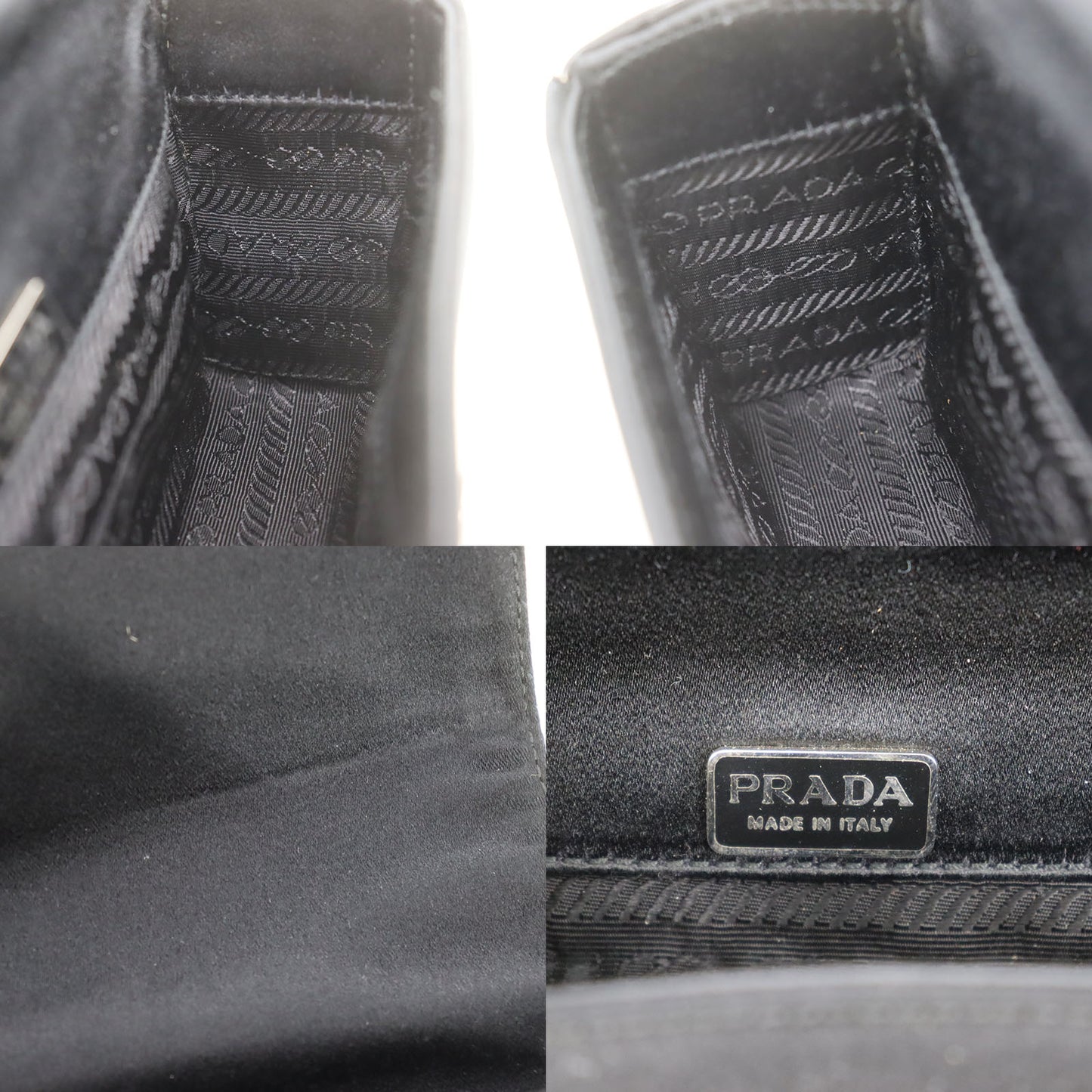 PRADA Logos Used Handbag Black Satin Leather Italy Vintage #DA282