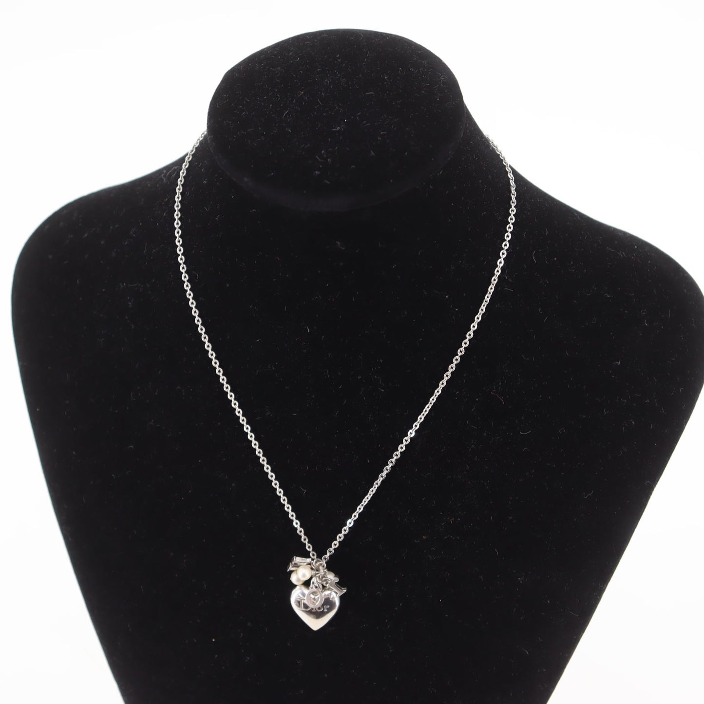 Christian Dior Logo Heart Chain Necklace Silver #CW544