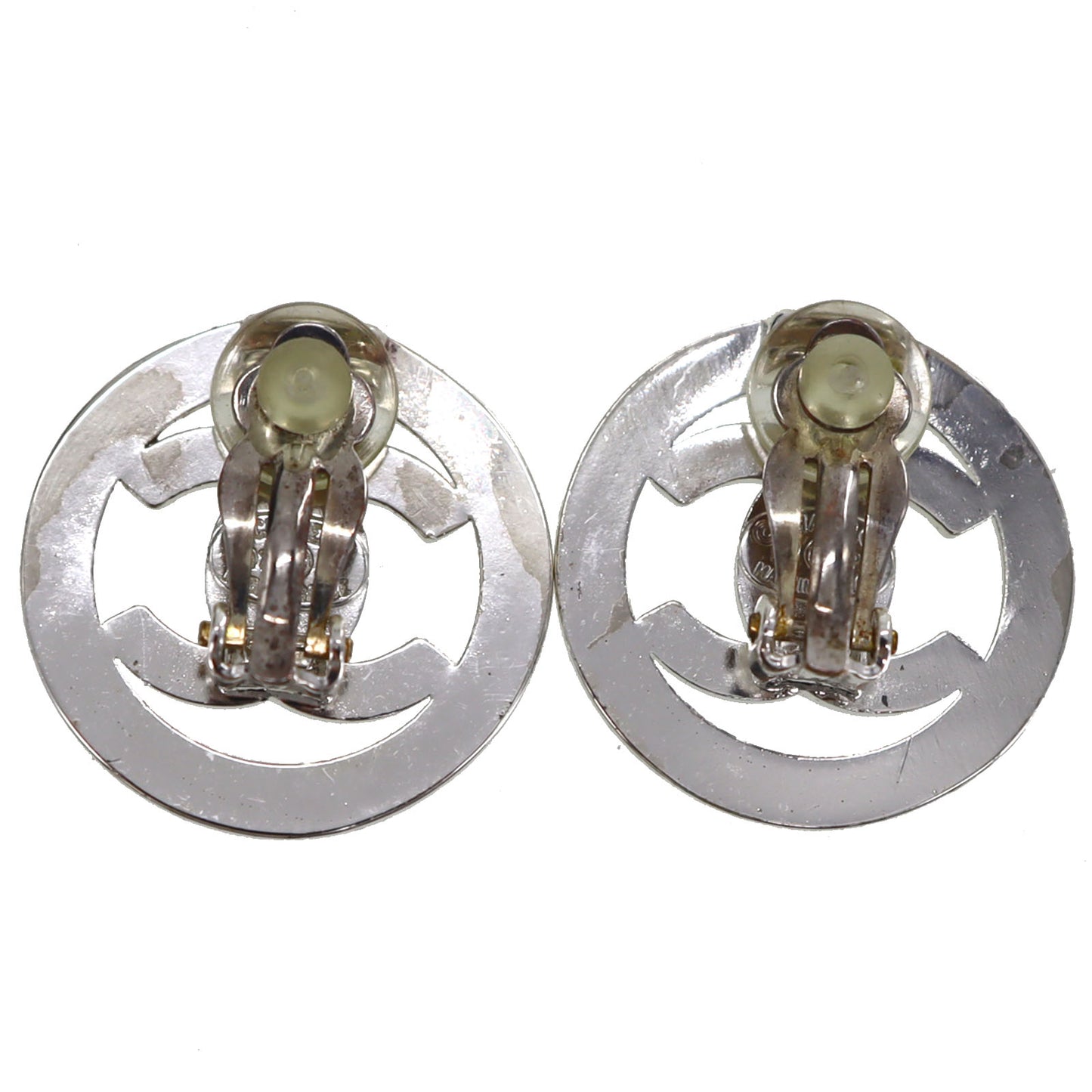 CHANEL CC Turn-lock Circle Earrings Silver Clip-On 97 P #CD729