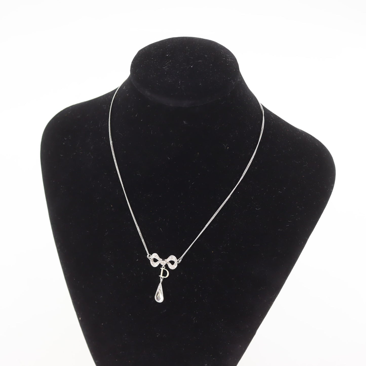 Christian Dior Bow Rhinestone Chain Necklace Silver #CP439