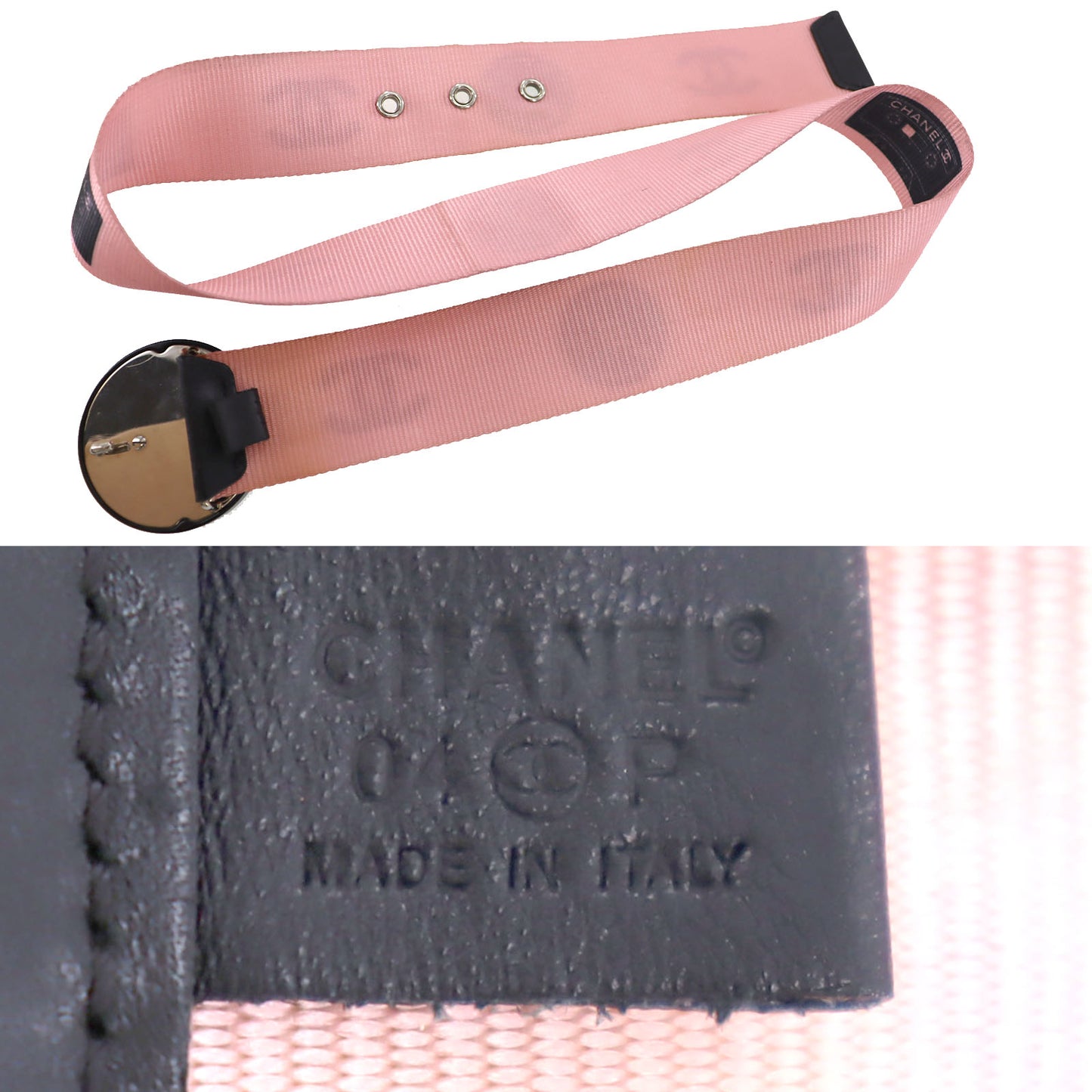 CHANEL CC Waist Belt Record Motif Pink Black Nylon Canvas Leather #AG91