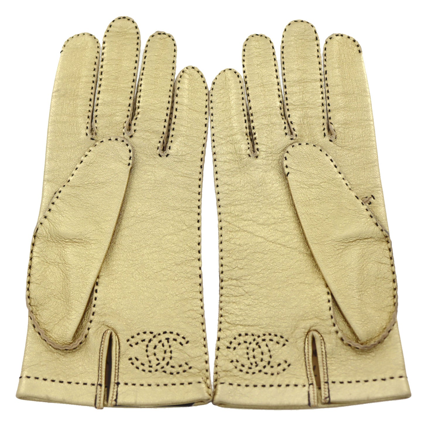 CHANEL CoCo Winter Gloves Women Gold Leather Size 7 #AH550