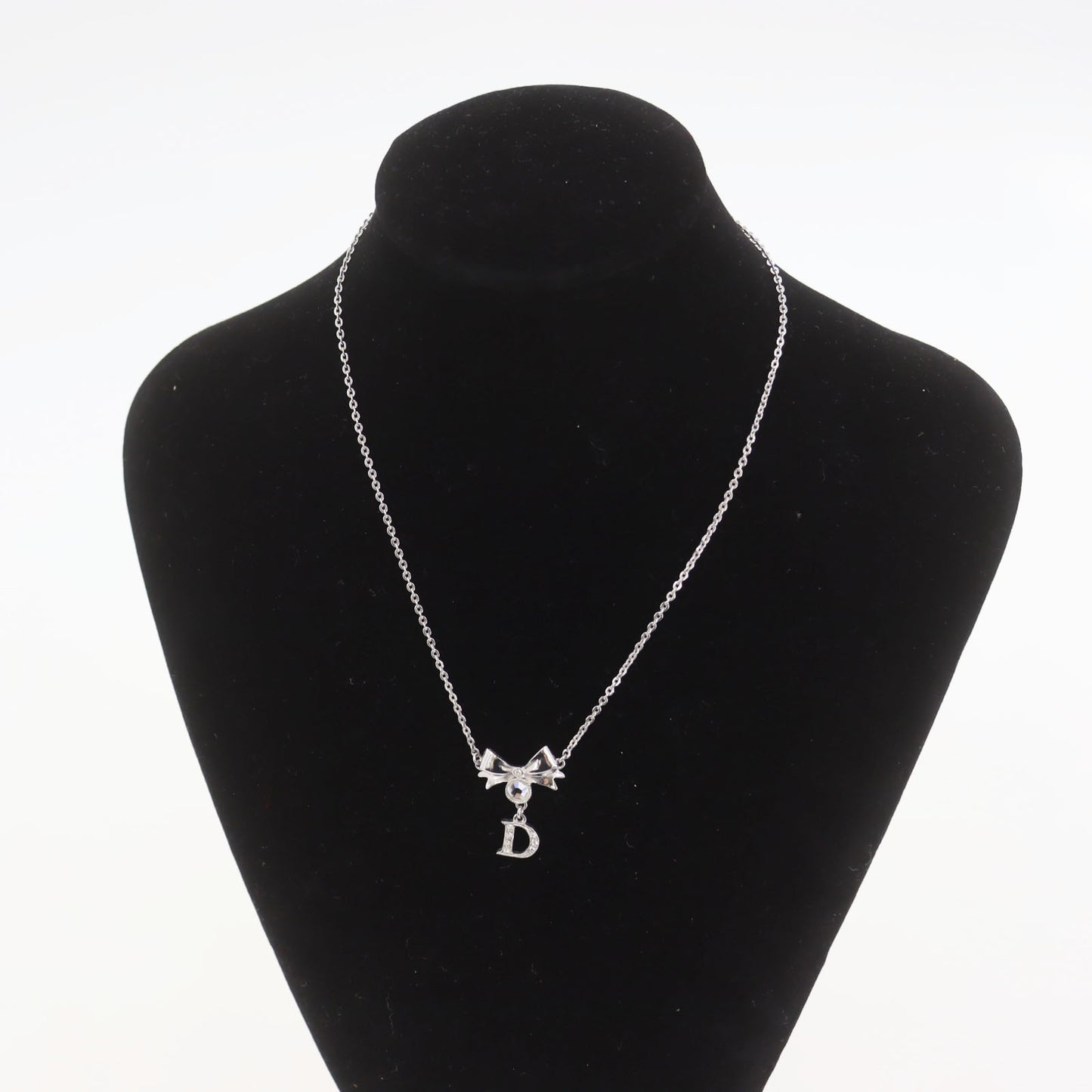 Christian Dior CD Logo Bow Necklace Silver Rhinestones #EC225