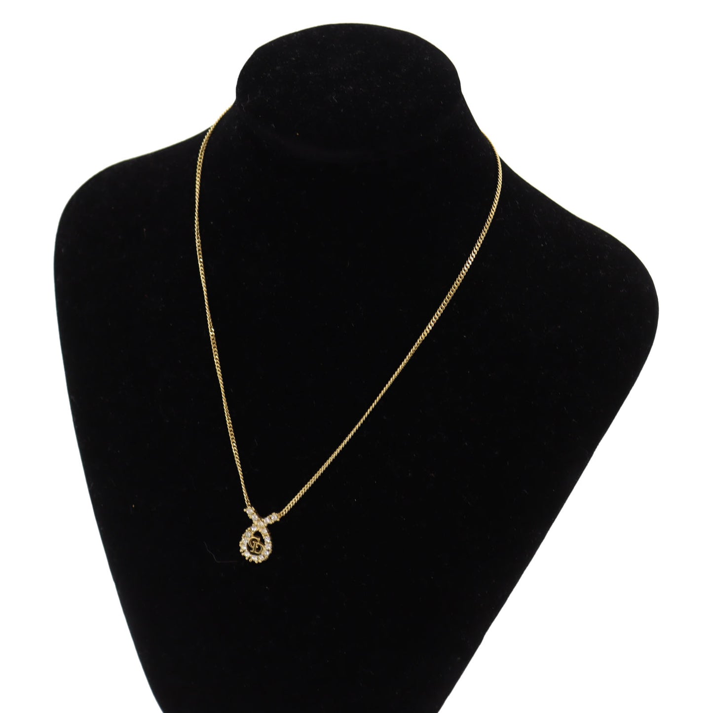 Christian Dior CD Logo Chain Necklace Rhinestone Gold-Plated #BO678