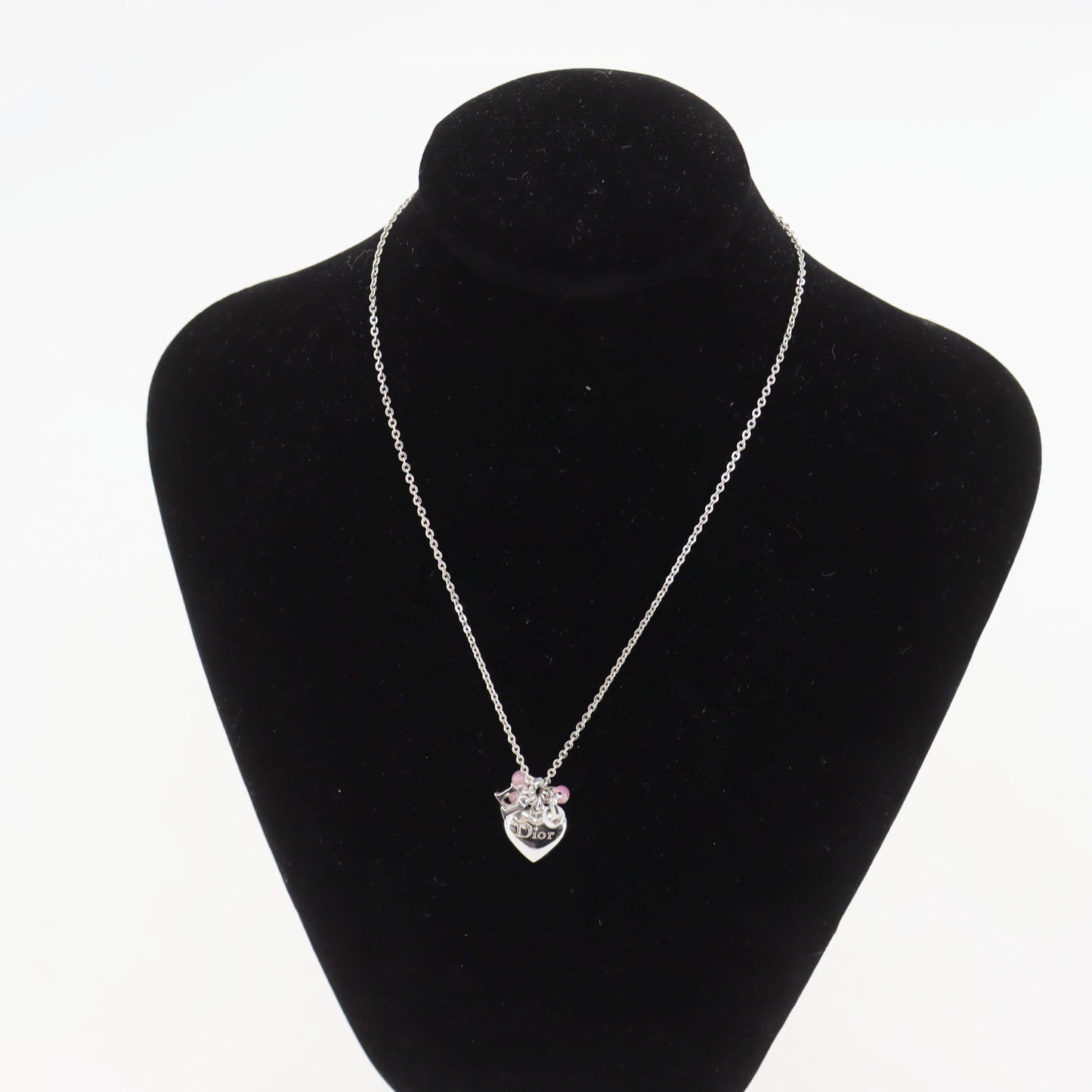 Christian Dior Logo Heart Beads Chain Necklace Silver #CW497