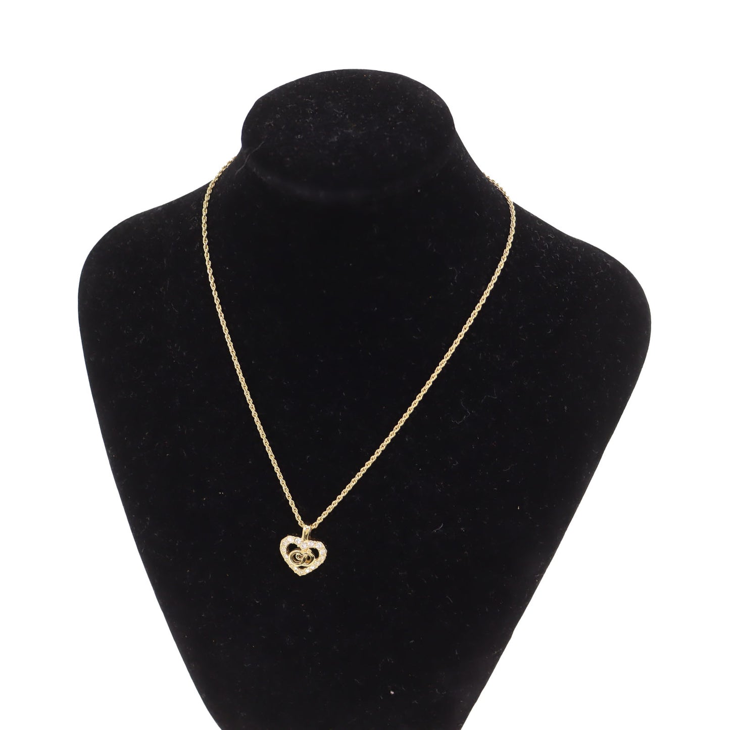 Christian Dior CD Logo Chain Heart Necklace Rhinestone Gold-Plated #CB144