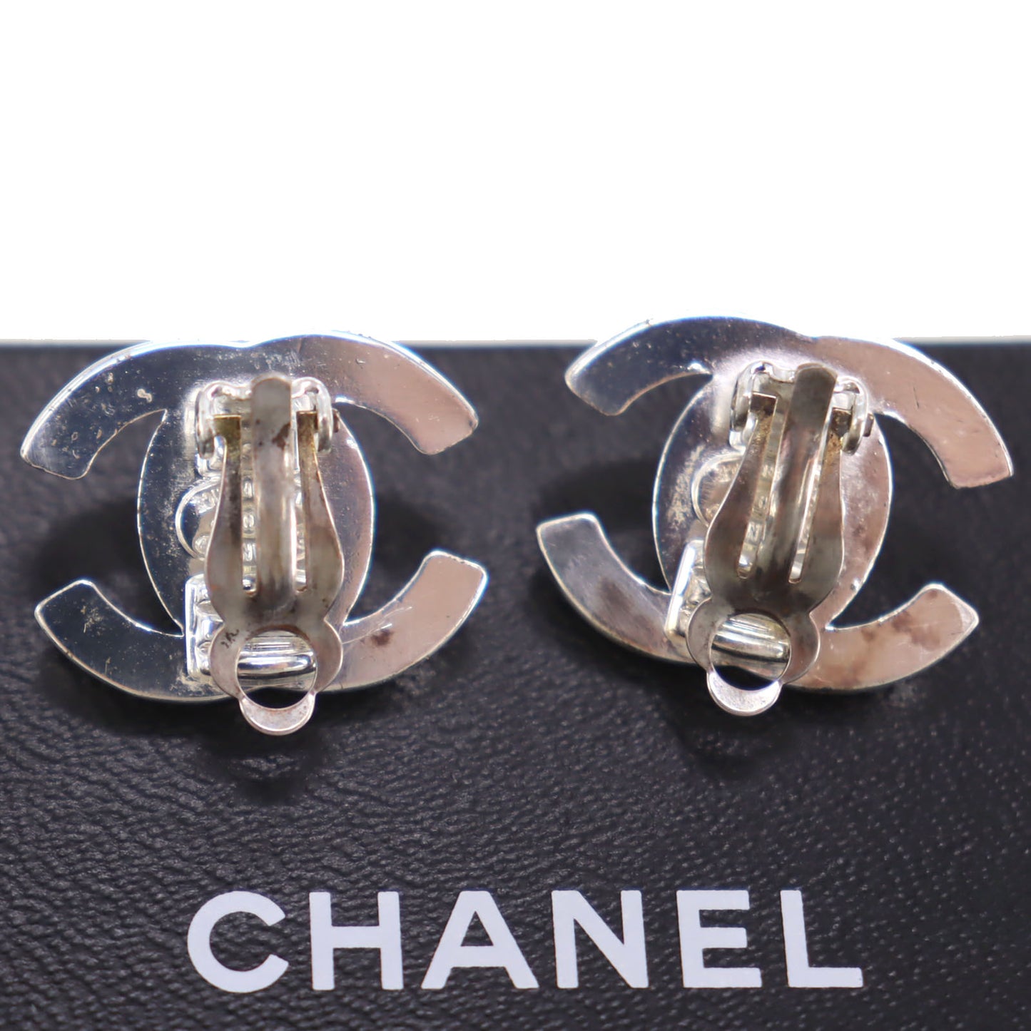 CHANEL CC Turn-lock Earrings Silver Clip-On 97 P #CO594