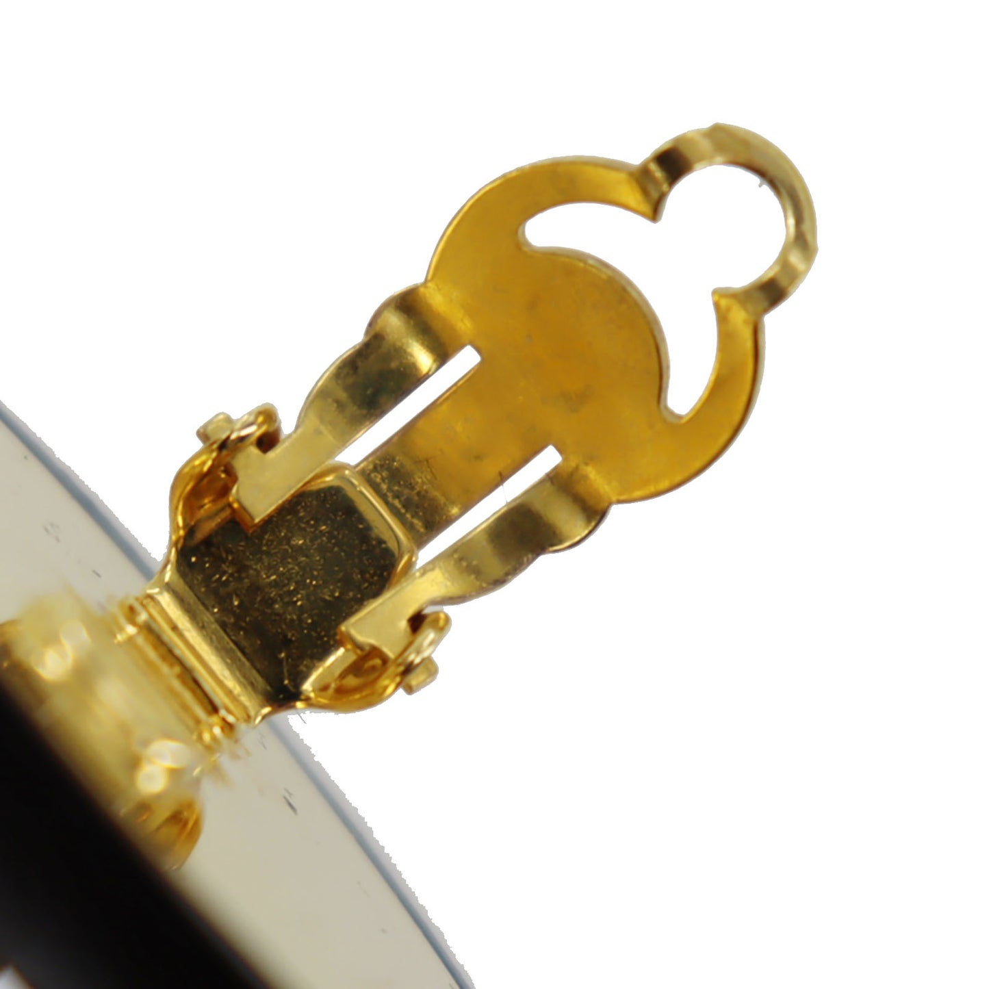 CHANEL Logos Earrings Black Gold Clip-On 93A #BZ804